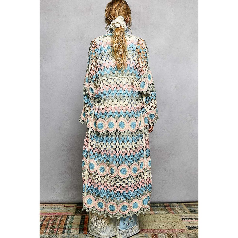 POL Boho Crochet Long Duster Cardigan Open Knit Scalloped Edge one size - Picture 2 of 6